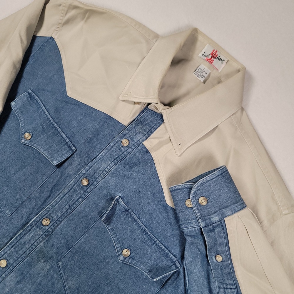 Just Western Shirt Mens L Blue Tan Two Tone Denim Cotton Cowboy